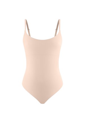 Beiger nahtloser Einteiler-Body mit verstellbaren dünnen Trägern und einem Rundhalsausschnitt, entworfen für eine glatte Passform.
