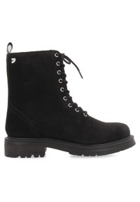 Stivaletto in suede nero con punta arrotondata, lacci davanti, occhielli argentati e suola in gomma testurizzata. Presenta un piccolo logo sul lato.