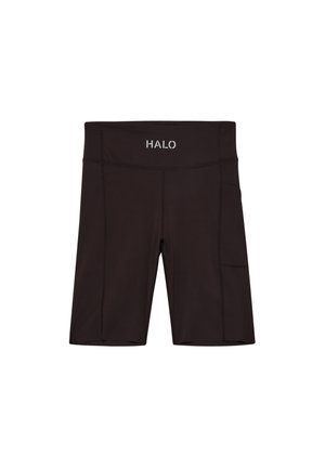 Sorte atletiske shorts med bred talje, har en sidelomme og "HALO" logo i hvid på fronten. Glat, strækbart stof.