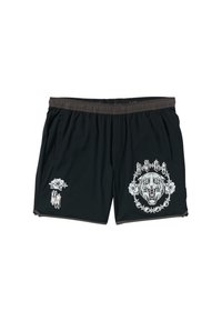 Black shorts with an elastic waistband, featuring a large lion graphic and white rose designs, made from a lightweight material.