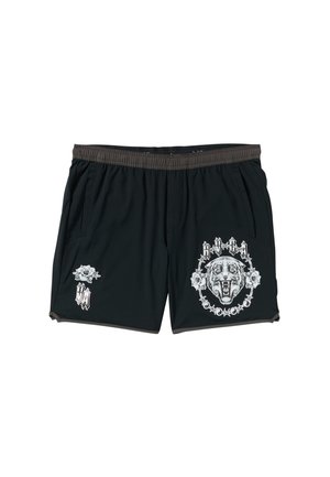 Pantaloni corti neri con vita elastica, caratterizzati da una grande grafica di un leone e disegni di rose bianche, realizzati in un materiale leggero.