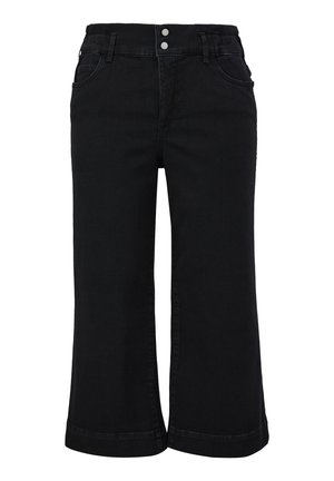 Schwarze, weit geschnittene, verkürzte Jeans mit hoher Taille, Gürtelschlaufen, zwei vorderen Taschen und doppeltem Knopfverschluss vorne.