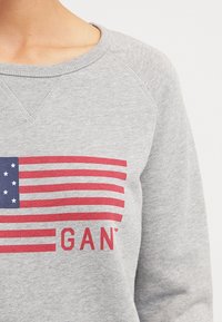 Grå sweatshirt med et rødt og blåt amerikansk flag grafisk design, med "GANT" tekst nedenfor. Materialet ser blødt ud med en ribbet halsudskæring.