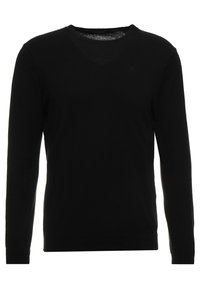 Zwarte lange mouwen V-hals trui van soepel materiaal. Heeft een slim fit en een subtiel logo detail op de borst.