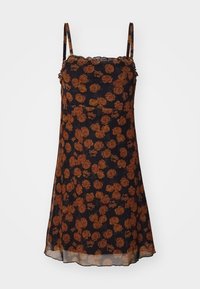 Rochie neagră cu un model floral în nuanțe de trandafir maronii, cu bretele subțiri, decolteu ondulat și un material fluid, semi-transparent. Siluetă în formă de A.