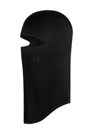 Schwarze Vollgesichts-Balaclava mit einer einzigen Augenöffnung und dezentem Logo vorne links, aus glattem Stoff.