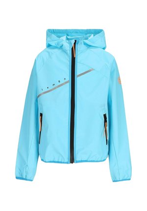 Jasnoniebieska dziecięca kurtka z kapturem, czarnym przednim suwakiem, pomarańczowymi uchwytami suwaka, dwoma przednimi kieszeniami i odblaskowym ukośnym paskiem.