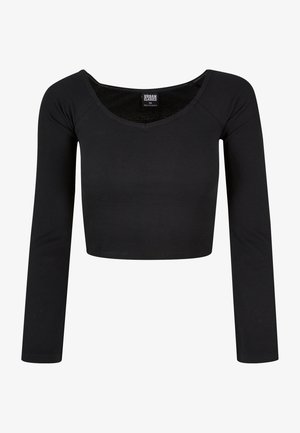 Top corto aderente nero a costine con maniche lunghe, presenta un ampio scollo e una texture liscia. L'etichetta all'interno del colletto recita "URBAN CLASSICS".