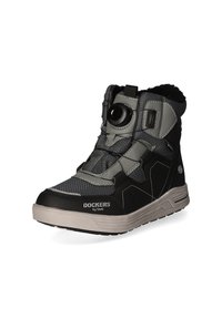 Schwarz und grau hoch geschnittene Stiefel aus strukturiertem Material, verstellbare Passform, runde Knopfverschluss und Gummisohle. Mit Stickerei und Branding an der Seite.