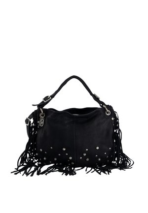 Schwarze Lederhandtasche mit Tragegriff oben, silbernen Nieten vorne, Fransen an den Seiten und Reißverschluss.