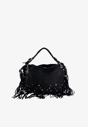Schwarze Lederhandtasche mit Tragegriff oben, silbernen Nieten vorne, Fransen an den Seiten und Reißverschluss.