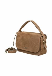 Sac à main en suède marron avec fermeture à rabat, anses courtes et bandoulière longue détachable avec fermoirs en métal, présenté sur fond blanc.