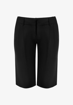 Sorte skræddersyede knælange shorts med bæltestropper og frontlynlås, lavet af glat stof.