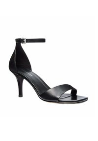 Sandal in pelle nera con tacco alto, cinturino alla caviglia, design aperto, silhouette elegante, finitura lucida e tacco a stiletto stretto.