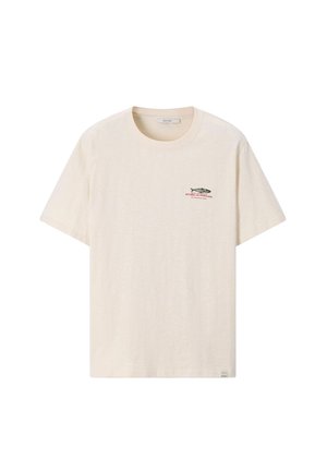 Crèmekleurig T-shirt met korte mouwen, een kleine visgrafiek en de tekst "Riviera di Positano" op de linkerborst.