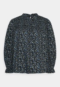 Blusa preta com um padrão floral em azul e branco. Apresenta um decote alto, textura franzida e punhos elásticos.