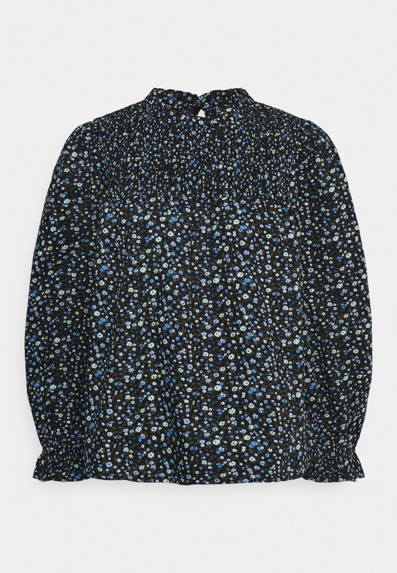 Blusa preta com um padrão floral em azul e branco. Apresenta um decote alto, textura franzida e punhos elásticos.