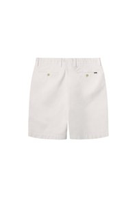 Shorts en coton blancs au design classique, dotés de deux poches arrière avec des boutons dorés et d'une petite étiquette de marque sur le côté droit.