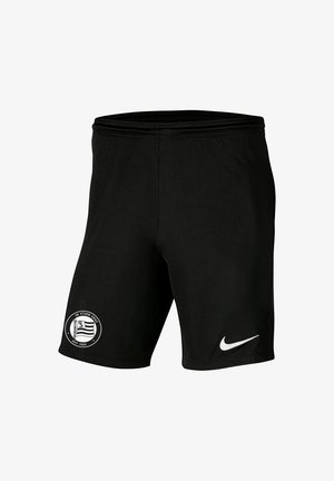 Pantalones cortos deportivos negros con el logo de SK Sturm Graz en la pierna izquierda y el logo blanco de Nike en la pierna derecha, cintura elástica.