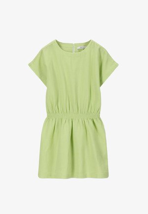 Hellgrünes Kurzarmkleid mit Gummizug in der Taille und gerafftem Rock. Hergestellt aus einem strukturierten Stoff mit Rundhalsausschnitt und Rückenreißverschluss.