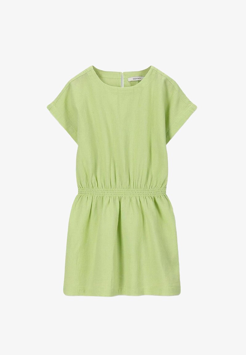 Lichtgroene jurk met korte mouwen, een elastische taille en een geplooide rok. Gemaakt van een gestructureerde stof met een ronde halslijn en een rits aan de achterkant.