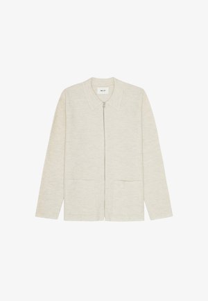 Lys beige zip-up jakke med krave, to forlommer og et blødt, struktureret stof. Minimalistisk design uden synlige mønstre.