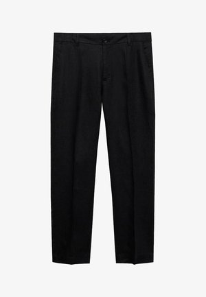 Crne lanene hlače s ravnim krojem, opremljene kopčanjem na gumb i bočnim džepovima. Glatka tekstura s čistim, minimalističkim izgledom.