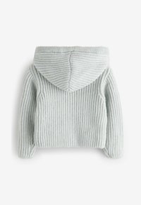 Hellgrauer, gerippter Strick-Hoodie mit figurbetonter Form, langen Ärmeln und großer Kapuze. Verfügt über vertikale Streifen und eine weiche Textur.