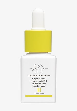 Drunk Elephant Virgin Marula Luxus-Gesichtsöl in einer weißen 15-ml-Flasche mit gelbem Tropfverschluss und minimalistischem Elefanten-Logo.