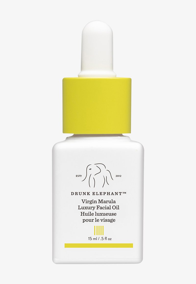 Drunk Elephant Virgin Marula luxury facial oil in a white 15 ml bottle with a yellow dropper cap and minimalist elephant logo.