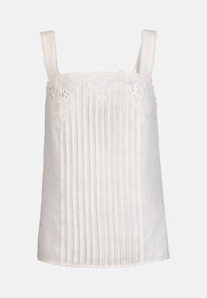 Weiße ärmellose Bluse mit vertikalen Falten und floralen Spitzendetails entlang des quadratischen Ausschnitts und der Träger.