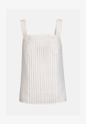 Balta be rankovių palaidinė su vertikaliomis raukšlėmis ir gėlių nėrinių detalėmis palei kvadratinį iškirptę bei petnešėles.