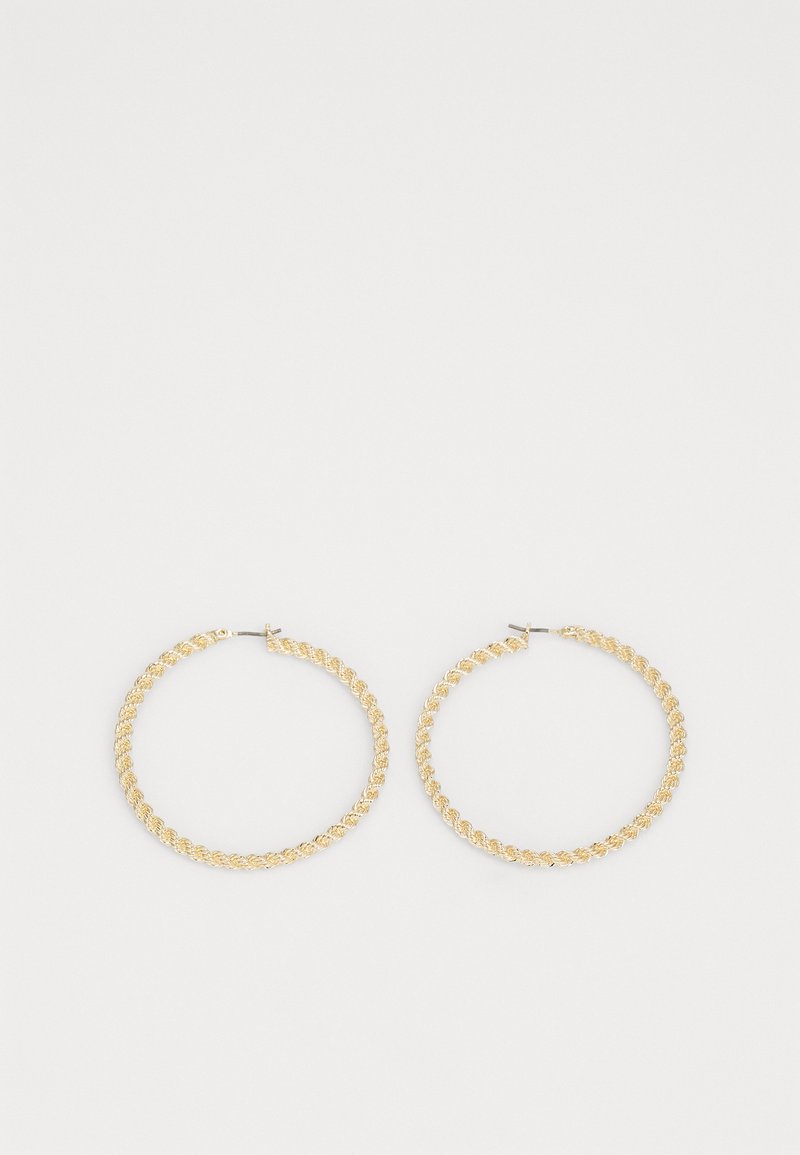 Gold hoop earrings with a twisted design, featuring a textured surface and a hinged closure for easy wear.
