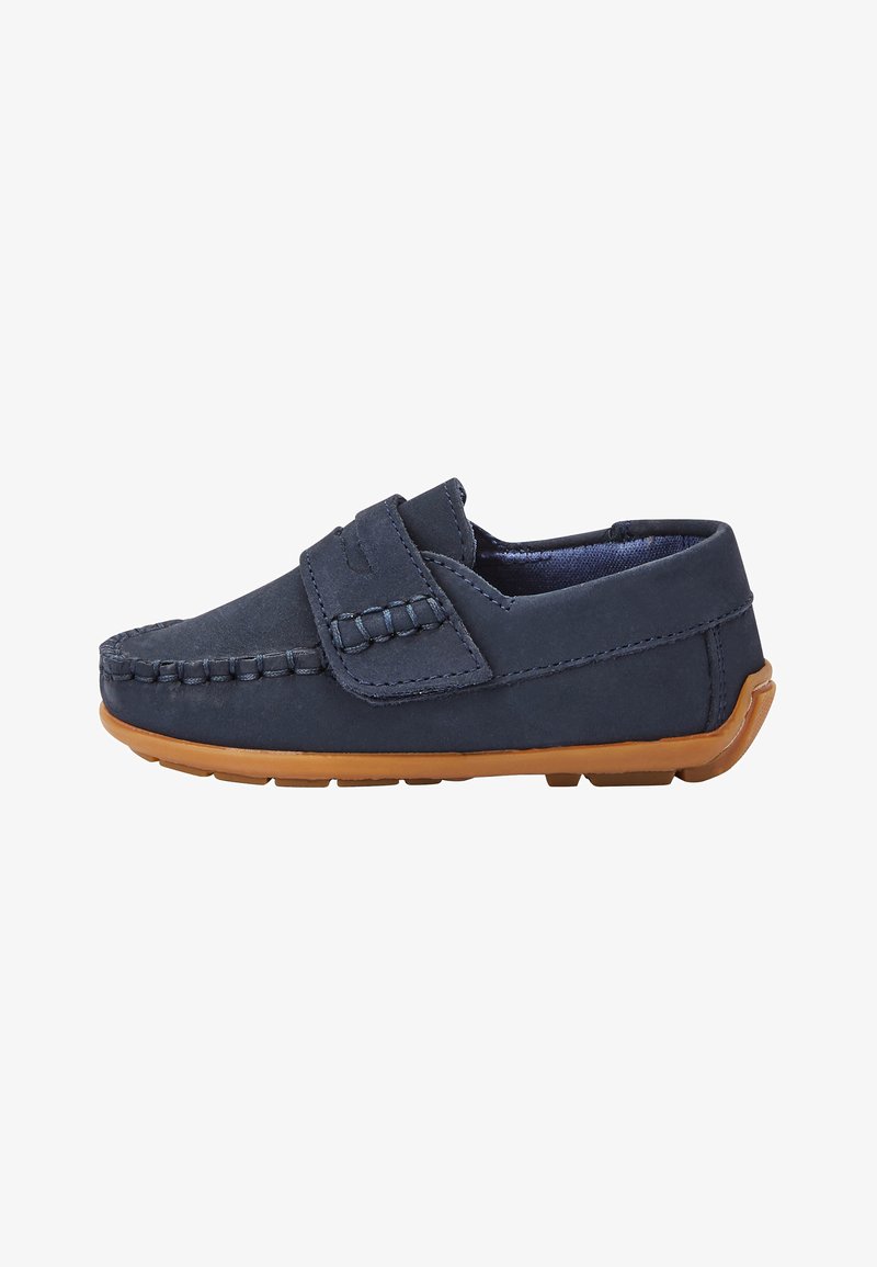 Navy blue children's loafer with moccasin stitching, a velcro strap, and a light brown rubber sole.