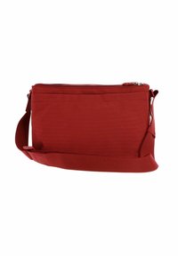 Borsa a spalla rettangolare rossa realizzata in tessuto strutturato. Presenta una chiusura con zip e una tracolla regolabile. Design semplice senza accenti aggiuntivi.