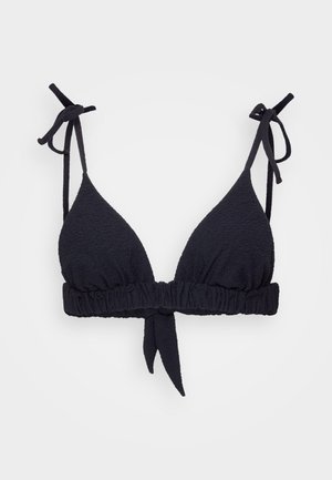 Black textured triangle bikini top with adjustable tie straps and a gathered, elasticated band. Features a center tie detail.
