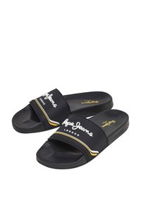 Svarta slidesandaler med gummisula, utrustade med ett brett rem som pryds av vita och gula accenter samt "Pepe Jeans London"-logotyp.
