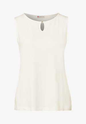 Débardeur blanc sans manches avec un col rond et un détail en forme de trou de serrure à l'avant. Tissu lisse avec une coupe droite et sans ornements.