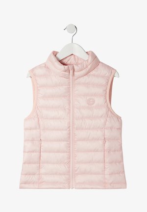 Lichtroze, mouwloze puffer vest met een hoge kraag, een ritssluiting aan de voorkant en een horizontaal gestikt patroon. Bevat een klein logo op de borst.