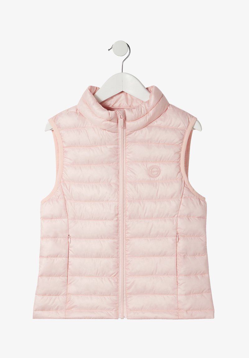 Gilet imbottito senza maniche di colore rosa chiaro, con colletto alto, zip frontale e motivo trapuntato orizzontale. Presenta un piccolo logo sul petto.