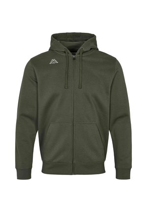 Vihreä vetoketjullinen huppari pehmeästä kankaasta, jossa on etutasku ja kiristysnauhat. Ylävasemmalla rinnassa on valkoinen logo.