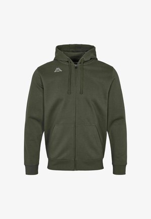 Vihreä vetoketjullinen huppari pehmeästä kankaasta, jossa on etutasku ja kiristysnauhat. Ylävasemmalla rinnassa on valkoinen logo.