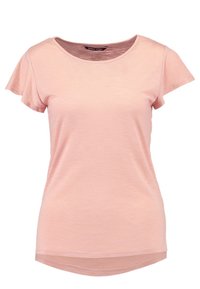 Light pink short-sleeve t-shirt with a round neckline, made from smooth fabric, featuring a slightly longer back hem and subtle texture.