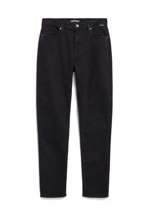 Zwarte denim jeans, rechte pasvorm, vijf zakken, knoop- en ritssluiting, subtiele stikseldetails, zachte textuur en geen zichtbare logo's.