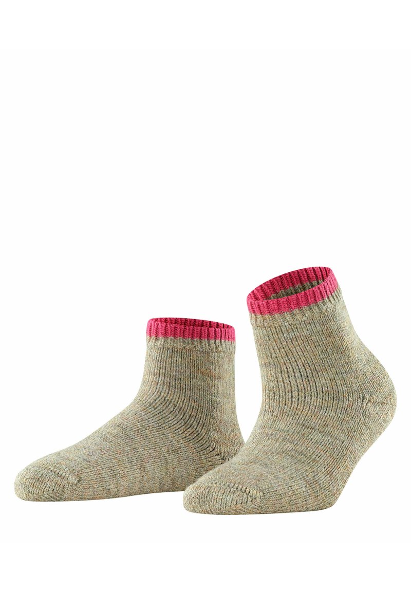 Stricksocken in einer grünlich-braunen Mischung mit einem gerippten pinken Bündchen. Knöchelhohes Design mit weichem Griff und glatter Oberfläche.