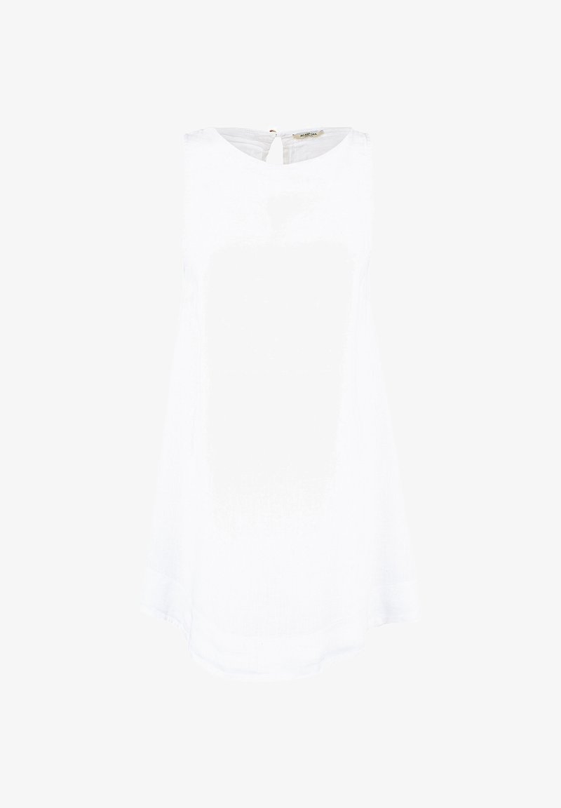 Witte mouwloze top met een ronde halslijn, een sleuteltje aan de achterkant en een vloeiende A-lijn silhouet, gemaakt van lichtgewicht stof.