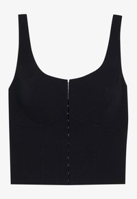 Svart crop-top med brede skulderstropper, strukturerte bystemmer og en frontlukking med sølvfargede trykknapper. Glatt tekstur.