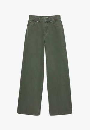 Olívazöld bőszárú nadrág övbemászókkal, elöl gombbal és cipzárral, valamint elülső és hátsó zsebekkel.