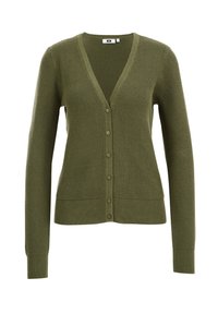 Zelený pletený cardigan s výstřihem do V, předními knoflíky, texturovaným tkaním a žebrovanými manžetami a lemem.