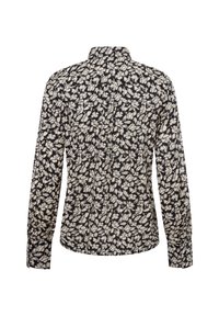 Zwarte shirt met crèmekleurig bloemenpatroon, lange mouwen en een klassieke kraag. Bevat knoopdetails langs de achterkant en de manchetten.